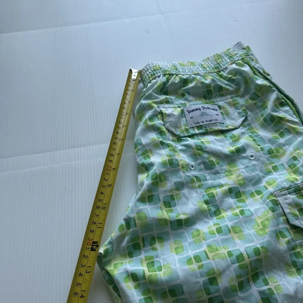 Tommy Bahama Men’s Swim Trunks M Green Geometric Print Drawstring Board Shorts